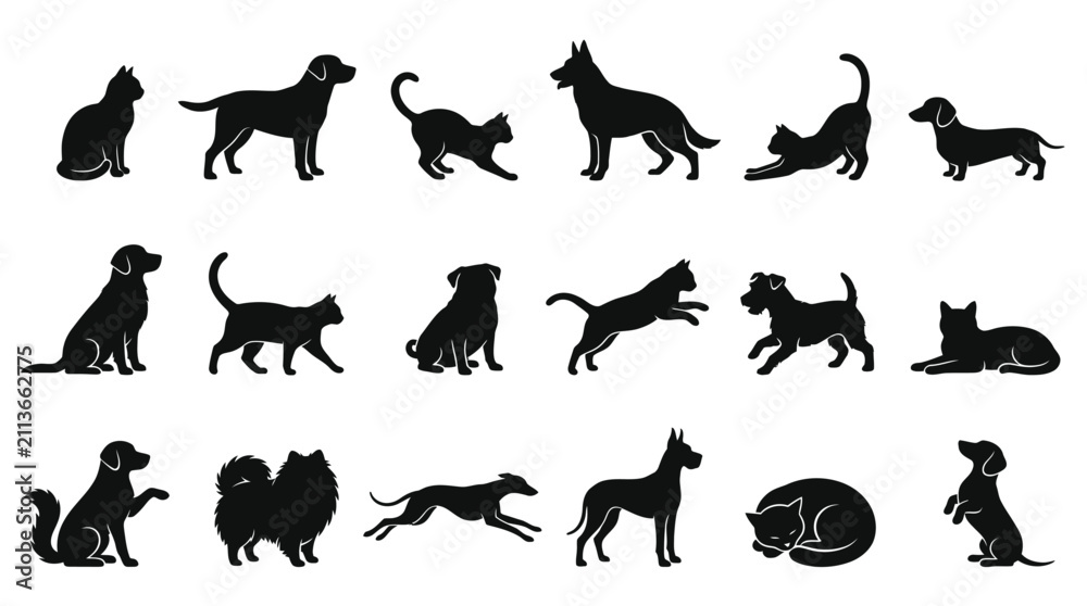 Obraz premium Detailed black vector illustration set featuring various silhouettes of domestic dogs and cats in motion