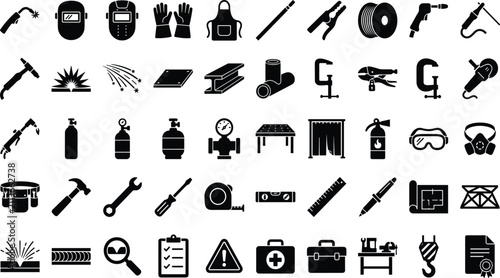 Bild auf Leinwand Industrial Welding and Metalwork Solid Icon Set with Protective Masks, Blowtorch