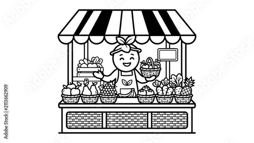 Принти на полотні Vendor Stall: A friendly vendor stands proudly behind a colorful market stall brimming with fresh fruits and vegetables, offering a delightful selection of healthy produce to eager customers