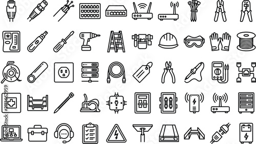 Obraz na płótnie Network Telecommunications and Cable Installation Line Icon Set for IT Support A