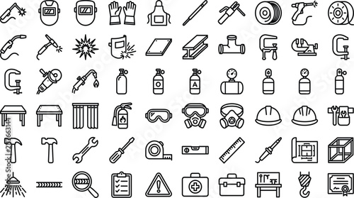 Foto Welding and Metal Fabrication Line Icon Set Featuring Welder Masks, Torches, Gas