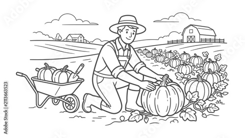 Canvastavla Farmer Harvesting Pumpkins: A farmer, dressed in a hat and overalls, kneels in a field of pumpkins, carefully harvesting a large pumpkin