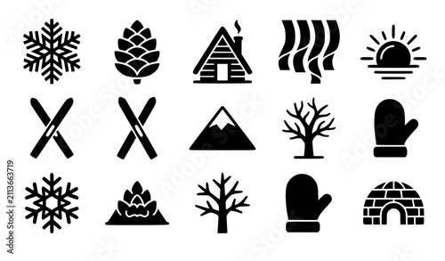 Bild auf Leinwand Set of black winter icons featuring snowflakes cabin mountain skis trees mittens