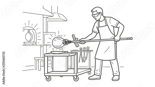 Foto Glassblower's Art: An artisan glassblower in protective eyewear and apron meticulously shapes molten glass with a blowpipe in a workshop, illuminated by the glow of heated material
