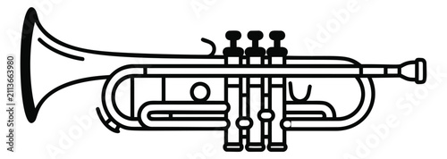Outline illustration of a trumpet depicting a brass wind instrument for music and entertainment design