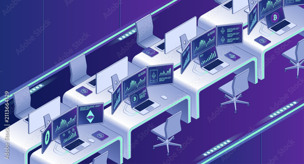 Fototapeta premium Fintech Trading Floor with Cryptocurrency Analytics Displays