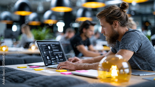 Mann mit Dutt arbeitet konzentriert am Laptop mit Diagrammen im Büro