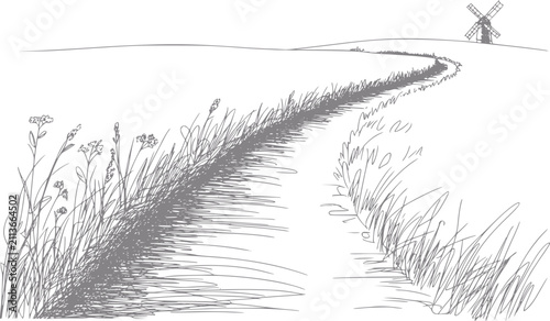 Dibujo a mano de un sendero serpenteante a través de un prado de hierba que conduce hacia un molino de viento lejano en una colina