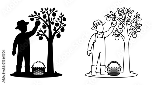 Bild auf Leinwand Farmer Picking Apples: A farmer in overalls and hat harvests apples from a tree, with a basket at his feet