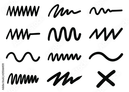 Hand drawn icon set of 12 wavy lines featuring zigzag squiggly and curved strokes for doodle and pattern design