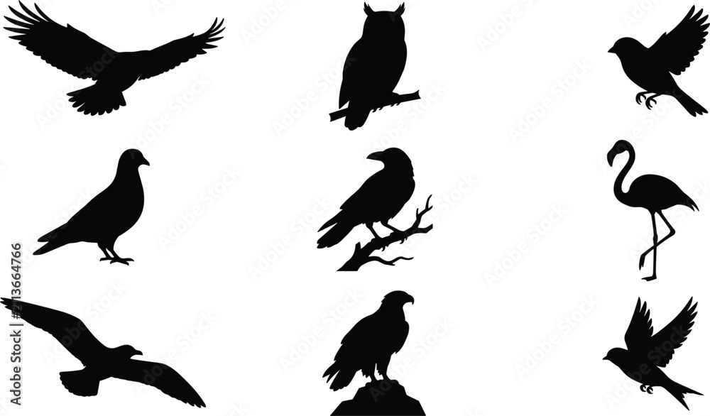Obraz premium Black Birds Silhouette Icon Set Featuring Flying and Perching Avian Species like Eagle Owl Raven Pigeon Seagull and Flamingo Vector Designs
