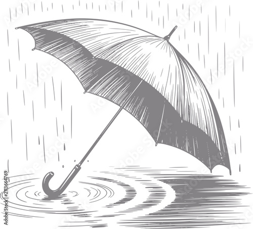 Un dibujo a mano de un paraguas abierto protegiendo contra la lluvia intensa que cae en un charco en el suelo