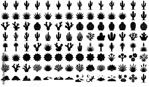 Bild auf Leinwand Desert Botanical Silhouette Vector Bundle with Saguaro Agave Aloe Vera and Barre