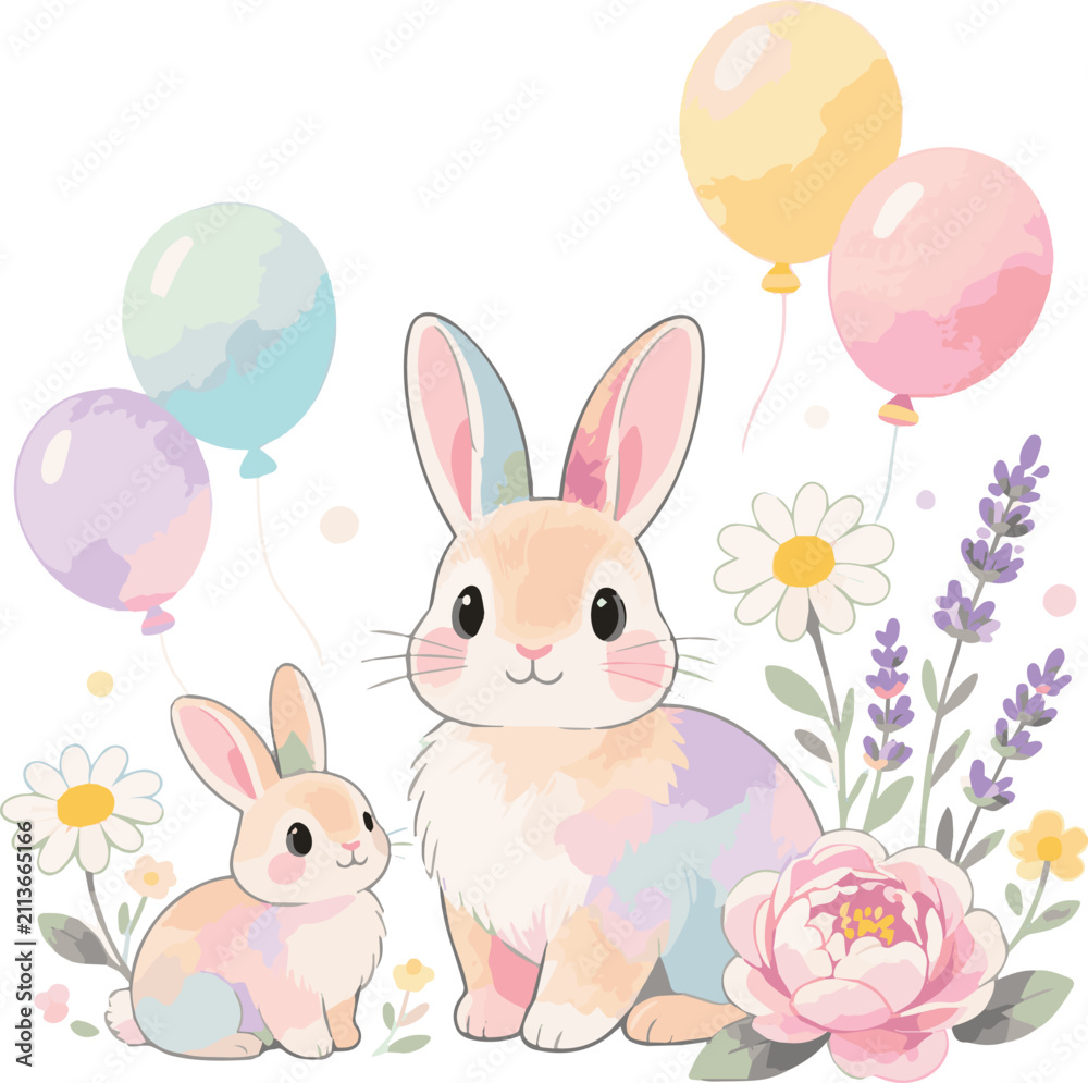 Fototapeta premium Created on Watercolor illustration features Adorable Rabbits, Balloons, and Flowers with vector art on white background