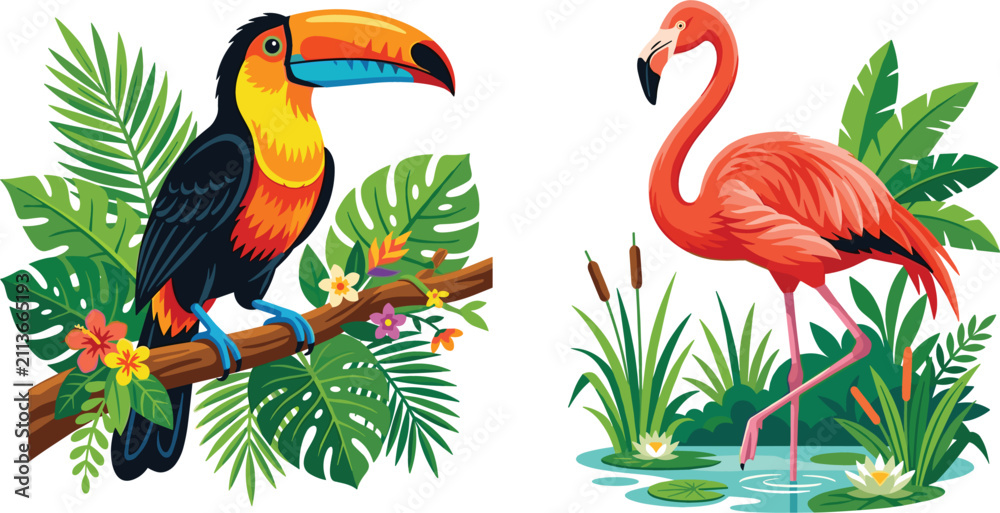 Fototapeta premium Tropical Birds Vector Illustration Set Featuring Colorful Toucan on a Branch and Pink Flamingo in a Jungle Pond with Exotic Foliage Designs