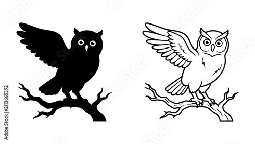 Canvastavla Owl Silhouette and Line Art: A stark black silhouette of an owl perched on a branch, contrasted with a detailed line drawing of another owl in mid-flight, showcasing the bird of prey's elegance