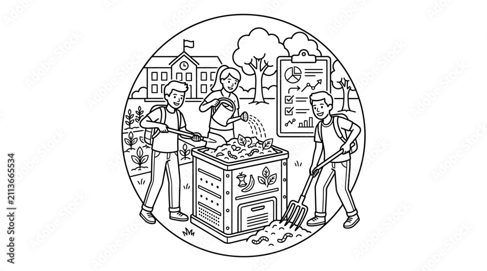 Obraz premium Minimalist Black and White of School Composting Project with Educational Data Tracking with high quality professional line art symbols for modern creative design and digital branding projects