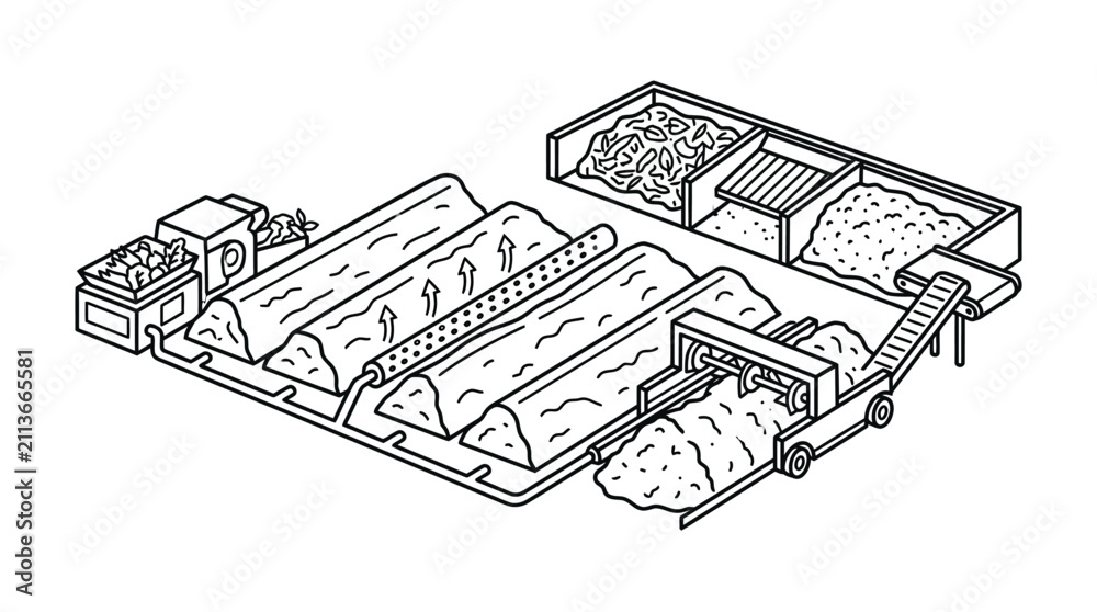 Obraz premium Clean Black and White Isometric of Industrial Paper Making Machine Process with high quality professional line art symbols for modern creative design and digital branding projects