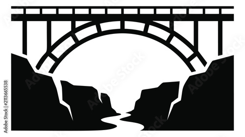 Silhouette illustration of an arch bridge over a canyon depicting a river gorge crossing for transportation and travel design