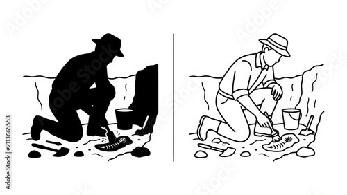 Bild auf Leinwand Archaeologist Unearths Fossil: A striking contrast of a silhouette and a line drawing depicts an archaeologist diligently excavating a fossilized discovery