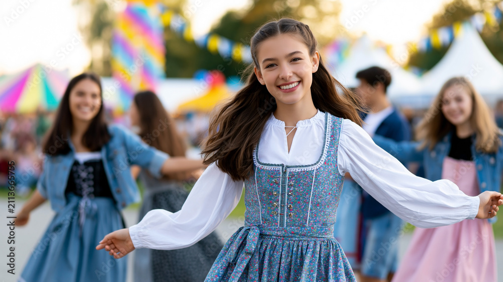 Obraz premium Smiling young woman dancing in traditional dirndl dress with friends at colorful outdoor bavarian folk festival
