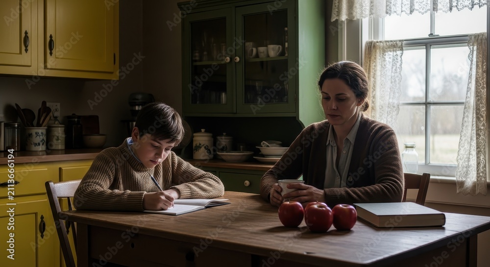 Fototapeta premium Young Boy Doing Homework at Kitchen Table with Mother Watching in a Rustic Vintage Home Setting