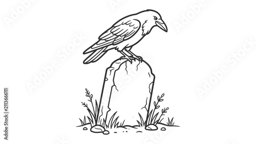 Fotografie Raven on a Stone: A stark black and white illustration depicts a raven perched regally atop a weathered stone, with a few blades of grass surrounding its base