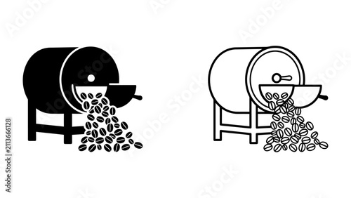 Foto Coffee Roaster Icon: A stylized graphic representing a coffee roasting machine with beans tumbling out, conveying the process of coffee preparation
