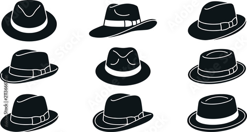 Konstfotografi Classic Men Fedora and Trilby Hat Silhouette Icon Set with Vintage Gentleman Hea