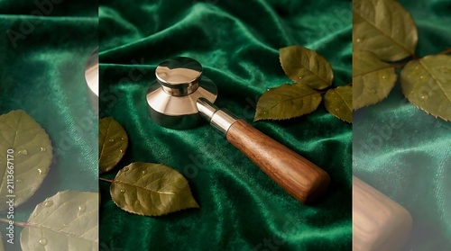 Wood handle coffee tamper on luxury green velvet.