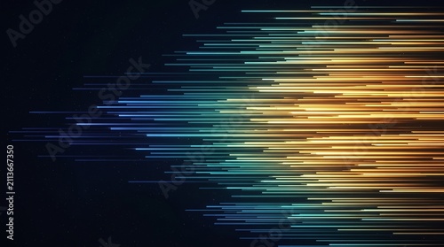 Abstract high speed light trails motion blur horizontal lines background with gradient transition from blue to gold

