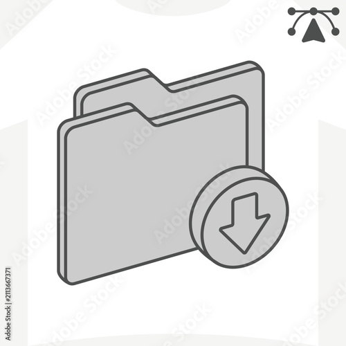 Downloads folder isometric icon, file management concept. Vector graphics. Getting files from the internet, folders sign and editable stroke, outline style icon for mobile or web design.