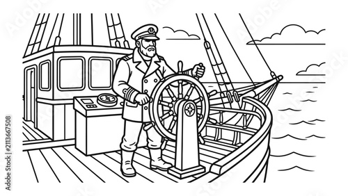 Foto Ship Captain Steering Vessel: A distinguished ship captain, clad in uniform and cap, stands at the helm, confidently guiding his vessel through the open sea under a cloudy sky