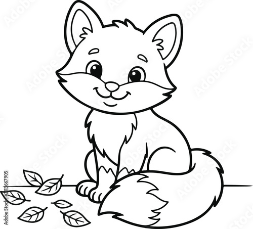 Cute Baby Fox Sitting with Leaves – Black and White Coloring Page Vector Illustration