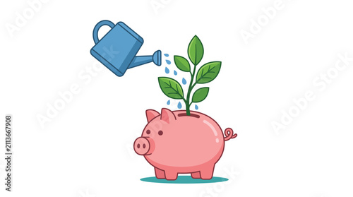 Quadro su tela A blue watering can nourishes a green plant in a piggy bank