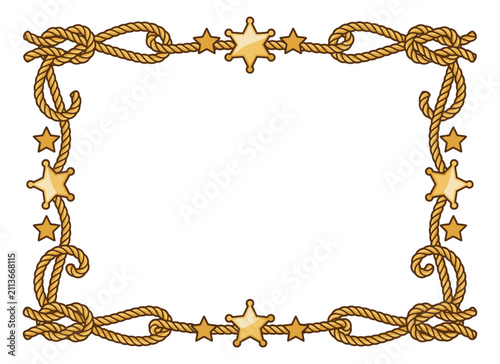 Cartoon illustration of a western rope border frame featuring sheriff stars and lasso knots for cowboy themed design