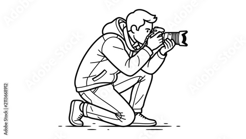 фотографія Photographer Capturing a Moment: A skilled photographer, dressed in casual attire, kneels with focus, holding a professional camera and lens, ready to capture the perfect shot