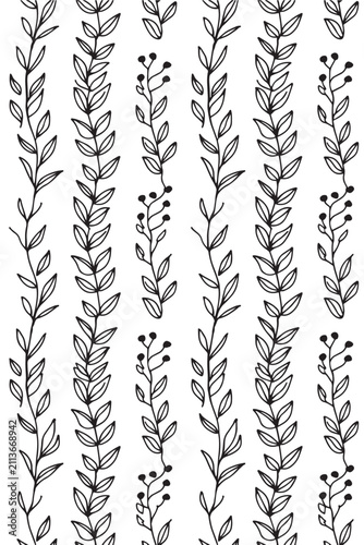 A seamless black and white pattern design featuring delicate botanical elements