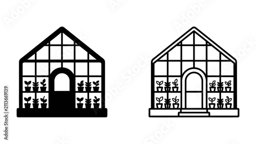 Fotografía Greenhouse Icon Set: A set of clean, stylized icons representing a greenhouse, featuring a gabled roof and potted plants on shelves, perfect for gardening or agricultural themes