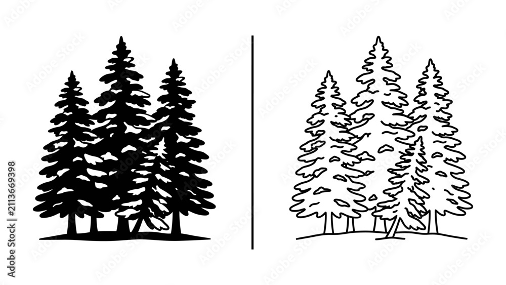 Fototapeta premium Pine Forest Icons: A comparison of two artistic representations of a cluster of pine trees, one as a solid black silhouette and the other as a detailed line drawing.