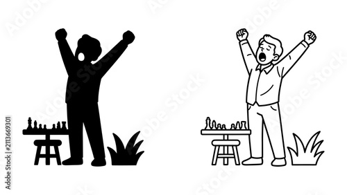 Quadro su tela Chess Victory Celebration: A person exalts in triumph, arms raised in victory, with a chess set displayed on a small table, symbolizing a hard-won game or strategic success