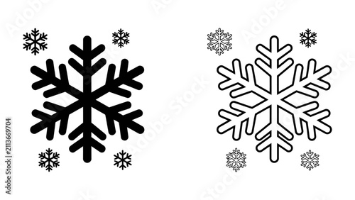 Foto Snowflake Icons: Two distinct snowflake icons, one solid black and the other outlined in black, are surrounded by smaller snowflake shapes, symbolizing winter and cold weather