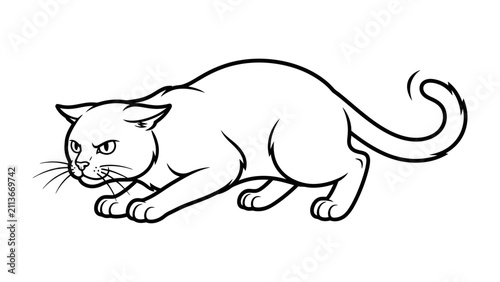 Fotografie Angry Cat Illustration: A black and white illustration of a tense cat in a predatory stance, with narrowed eyes and an arched back, ready to pounce