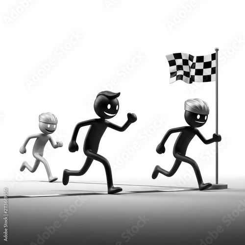 Three cartoon characters racing to finish line.