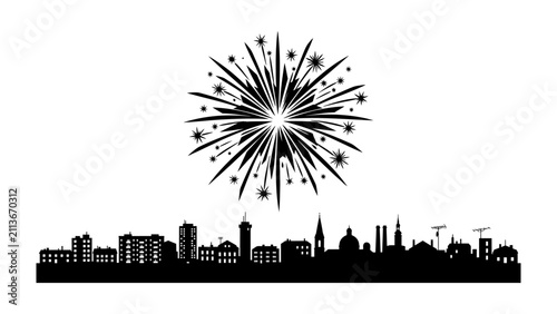 Bild auf Leinwand Cityscape Fireworks Celebration: A vibrant silhouette of a cityscape is illuminated by a dazzling display of fireworks, symbolizing a festive event and urban celebration