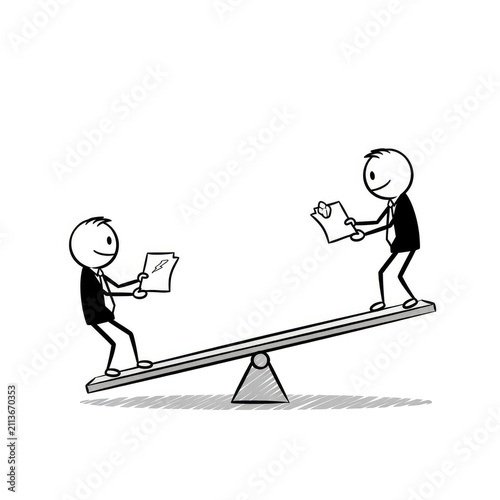 Two businessmen balancing paperwork on seesaw.