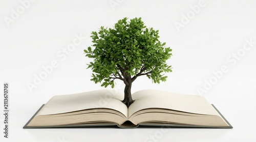 Green tree emerging from open book symbolizing knowledge and growth