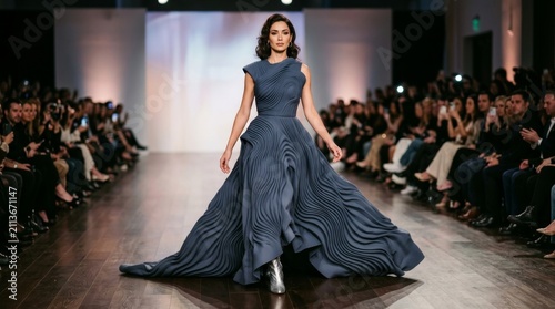 Elegant Model Walks Down Runway in Flowing Textured Dress