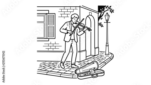 Картината върху платно Street Musician Serenade: A man plays the violin on a cobblestone street corner, his open case beside him, creating an atmosphere of urban artistry and classic charm