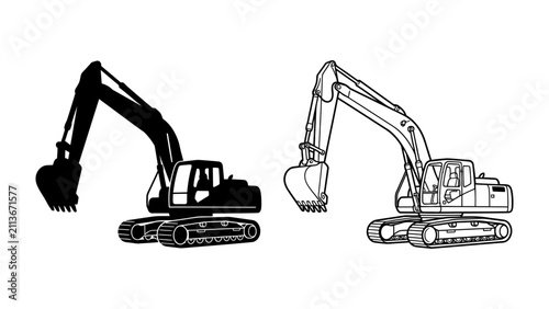 Fotografie Excavator Silhouette and Outline: A side-by-side comparison featuring a black silhouette and a detailed line drawing of an excavator, showcasing its powerful digging arm and robust tracked base